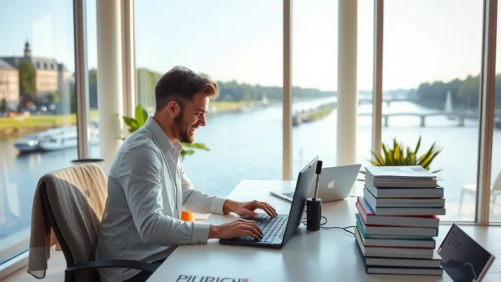 A smiling man working on a laptop in a bright, modern office with large windows overlooking a calm river and a scenic bridge. His desk is organized with a tall stack of books and a second laptop beside him. The atmosphere is focused yet relaxed, with natural light and greenery adding to the peaceful workspace.